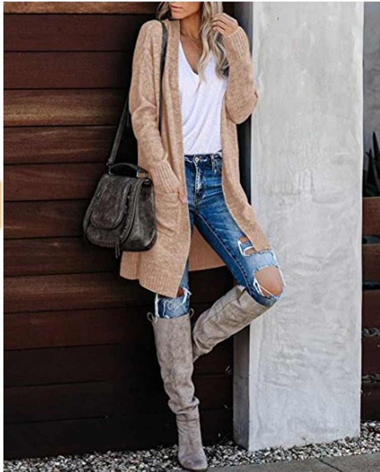 maoxiangshop 2000s fashion Fall 2024 Women's Knitted Pocket Cardigan Long Sleeve Casual Knitted Loose Sweater Sweater Coat for Women