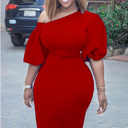 2025 D218 2025 women's clothing popular summer new solid color slanted shoulder bubble sleeves OL temperament Tongle large size New dress