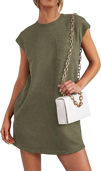 maoxiangshop Women's Clothing Jacquard Round Neck Pocket Short-sleeved Loose Dress