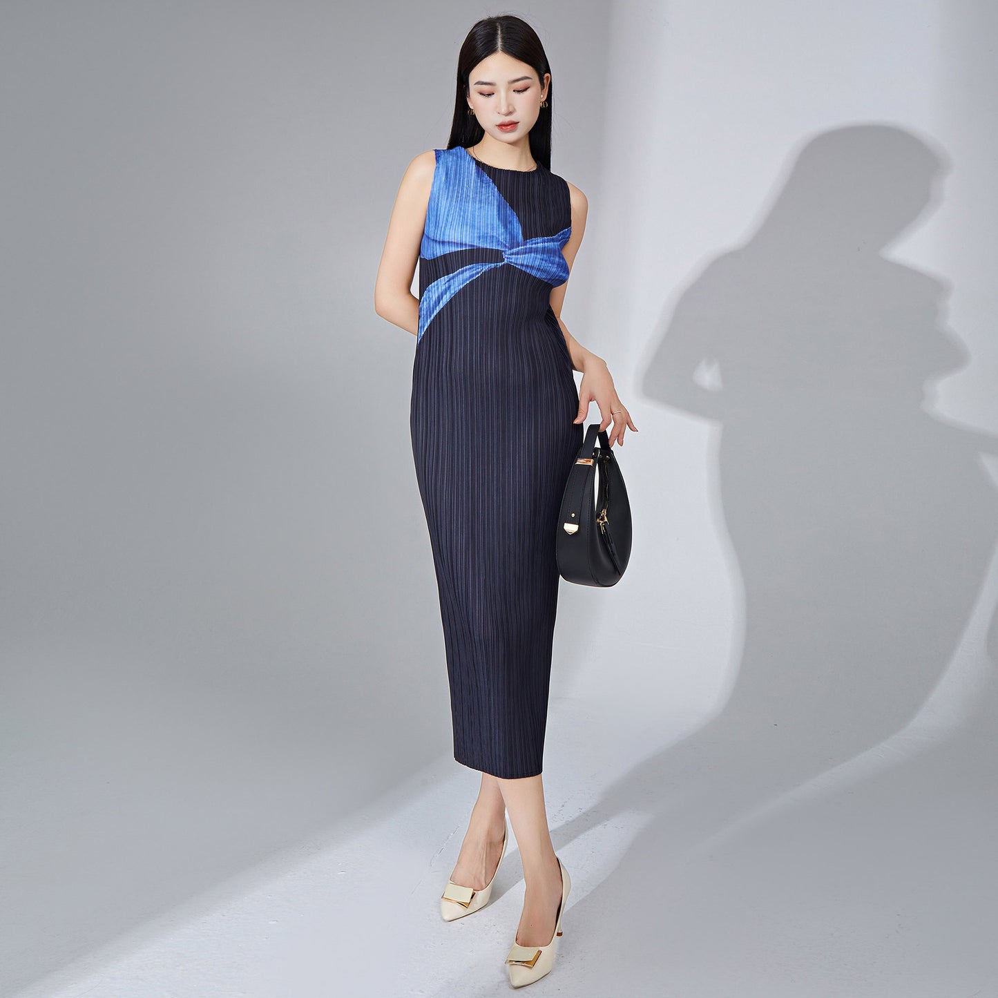 dress long high-end temperament sleeveless printing fashionable and elegant versatile one-step skirt pleated skirt summer