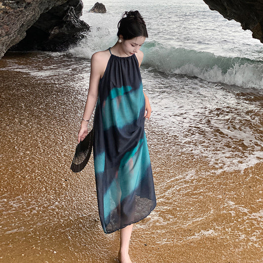 dark green contrasting colors niche design sense thin dress Sanya seaside vacation loose thin white dress