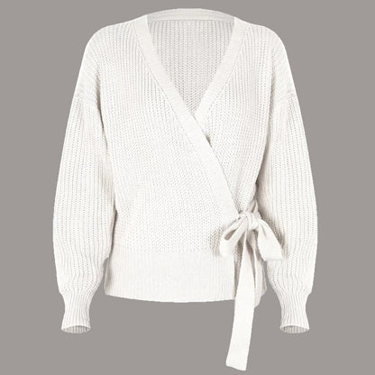maoxiangshop 2000s fashion Autumn and Winter Casual V-neck Lace-up Knotted Sweater Sweater Women's Clothing
