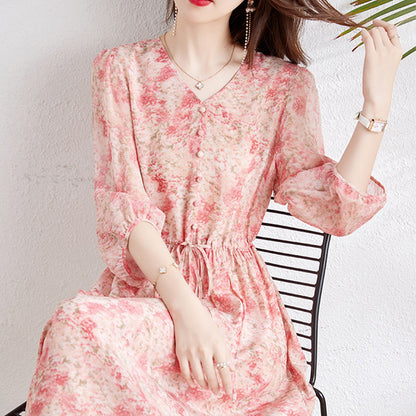 2025 Silk dress mulberry silk high-end coffee break  floral skirt summer women's printing waist medium and long