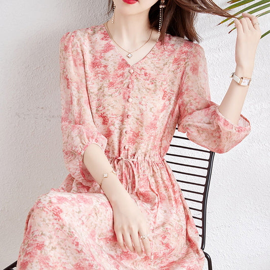 2025 Silk dress mulberry silk high-end coffee break  floral skirt summer women's printing waist medium and long