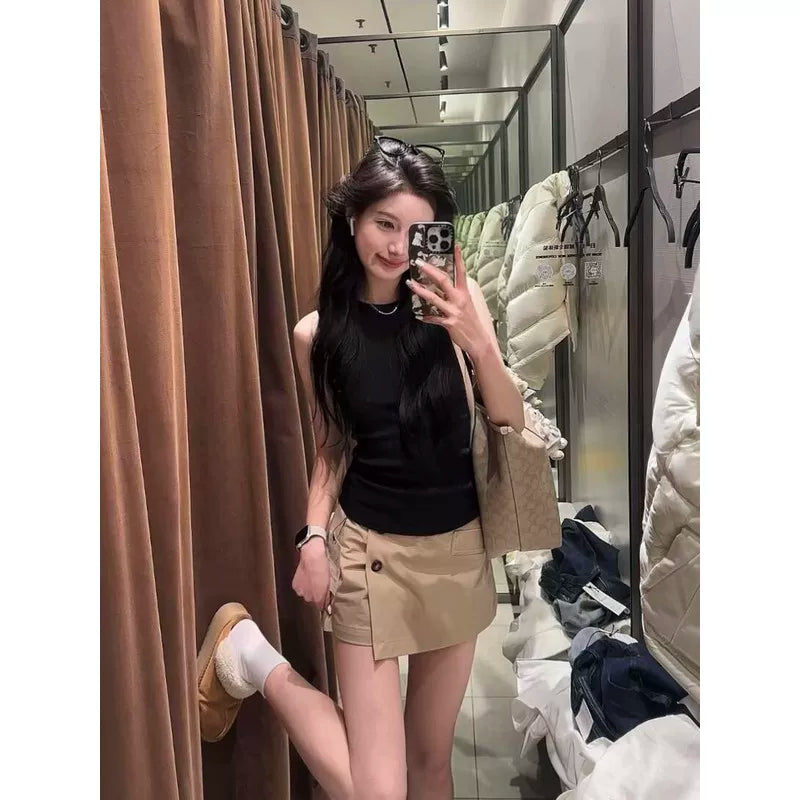 Spice Girl turtleneck knitted sling vest women's summer sleeveless I-shaped elastic slim slim inner top