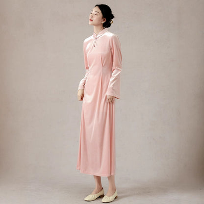 New Chinese style pink long-sleeved spring and summer velvet gentle wind dress improved cheongsam with A-shaped long dress A1129