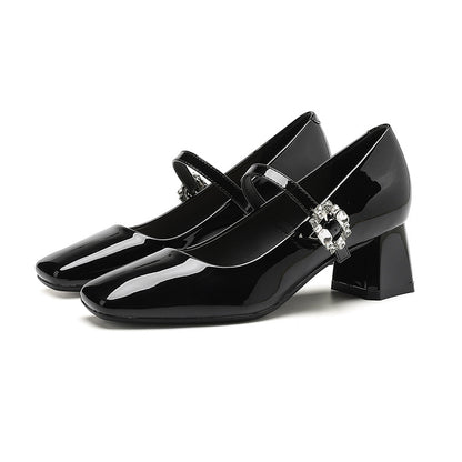 2025 5299-A6 one-word bag head thick heel single shoes women's square head rhinestone high heels student dress professional commuting women's shoes