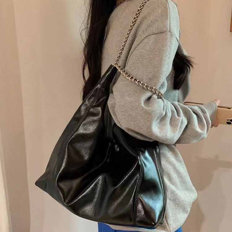 MAOXIANGSHOP 2025 Korean ins chain PU leather tote bag women's large capacity milk white soft underarm bag commuter handbag women