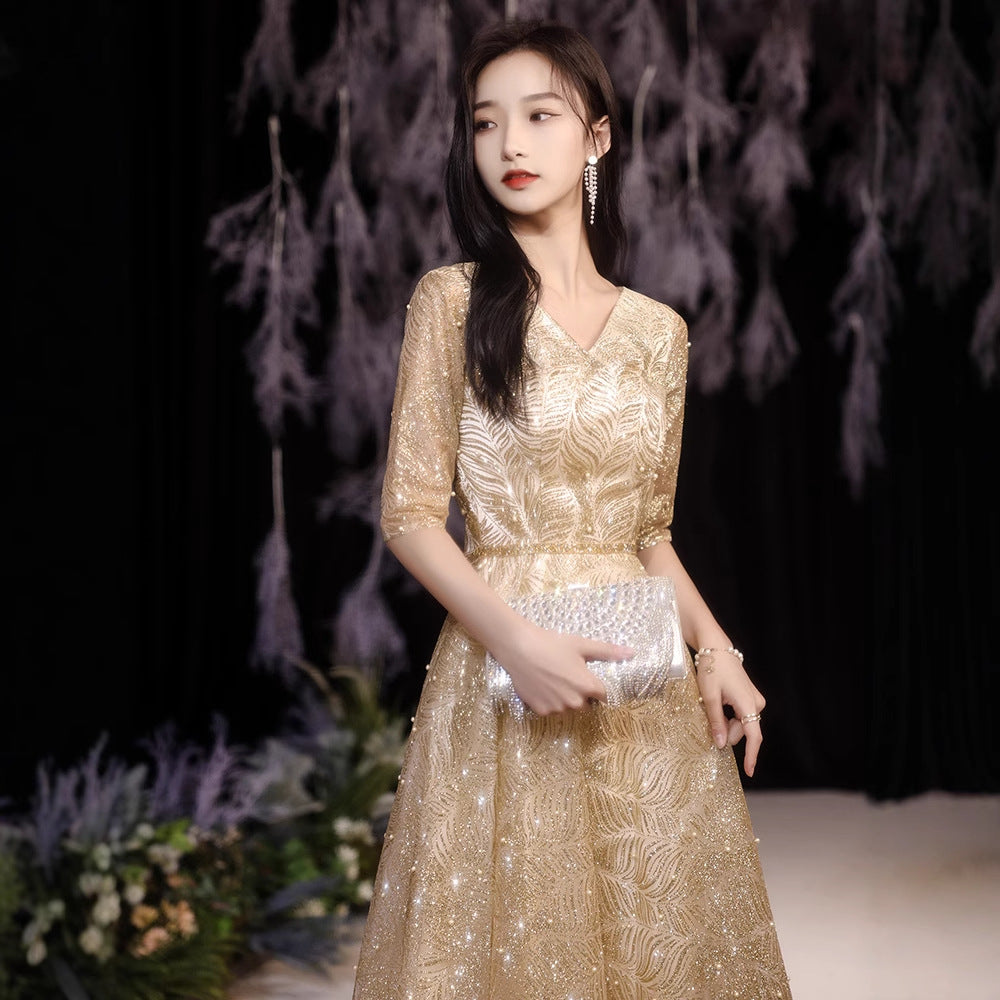 Golden Performance Dress Dress Women's Banquet Starry Sky Annual Meeting Host People's Congress Choir Performs Evening Dress Dress