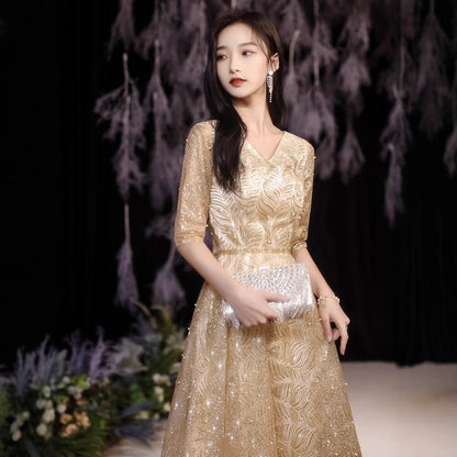 Golden Performance Dress Dress Women's Banquet Starry Sky Annual Meeting Host People's Congress Choir Performs Evening Dress Dress