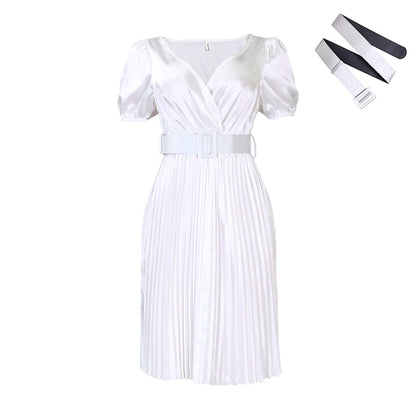 2025 D370 with belt 2025 women's clothing 2023 summer new  V-neck sexy pleated large size Popular trade dress