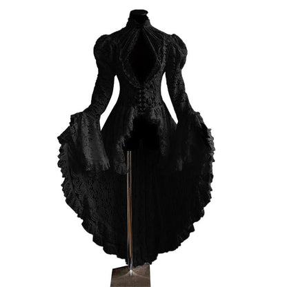 maoxiangshop-shop costume ideas Vintage Lace Stitching Stand Collar Dress Bell Sleeve Slim-Fit See-through Dovetail Skirt for Women