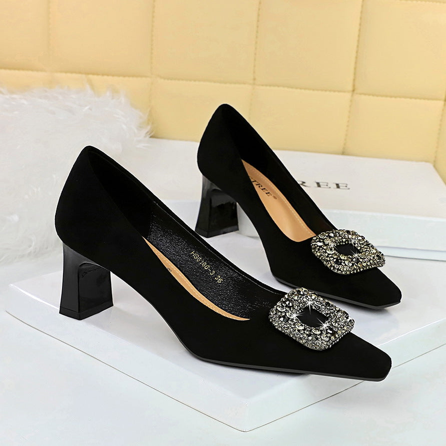 6186-K83 2025 banquet women's shoes versatile high heels thick heel high heel suede square head metal rhinestone buckle single shoes