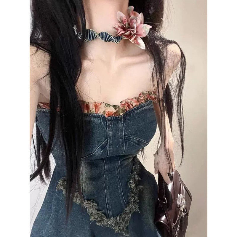 maoxiangshop-shop fall 2024 fashion trends French Style Sweet Hot Girl Tube Top Denim Dress Women's Summer High-Grade Waist Slimming Pettiskirt Small