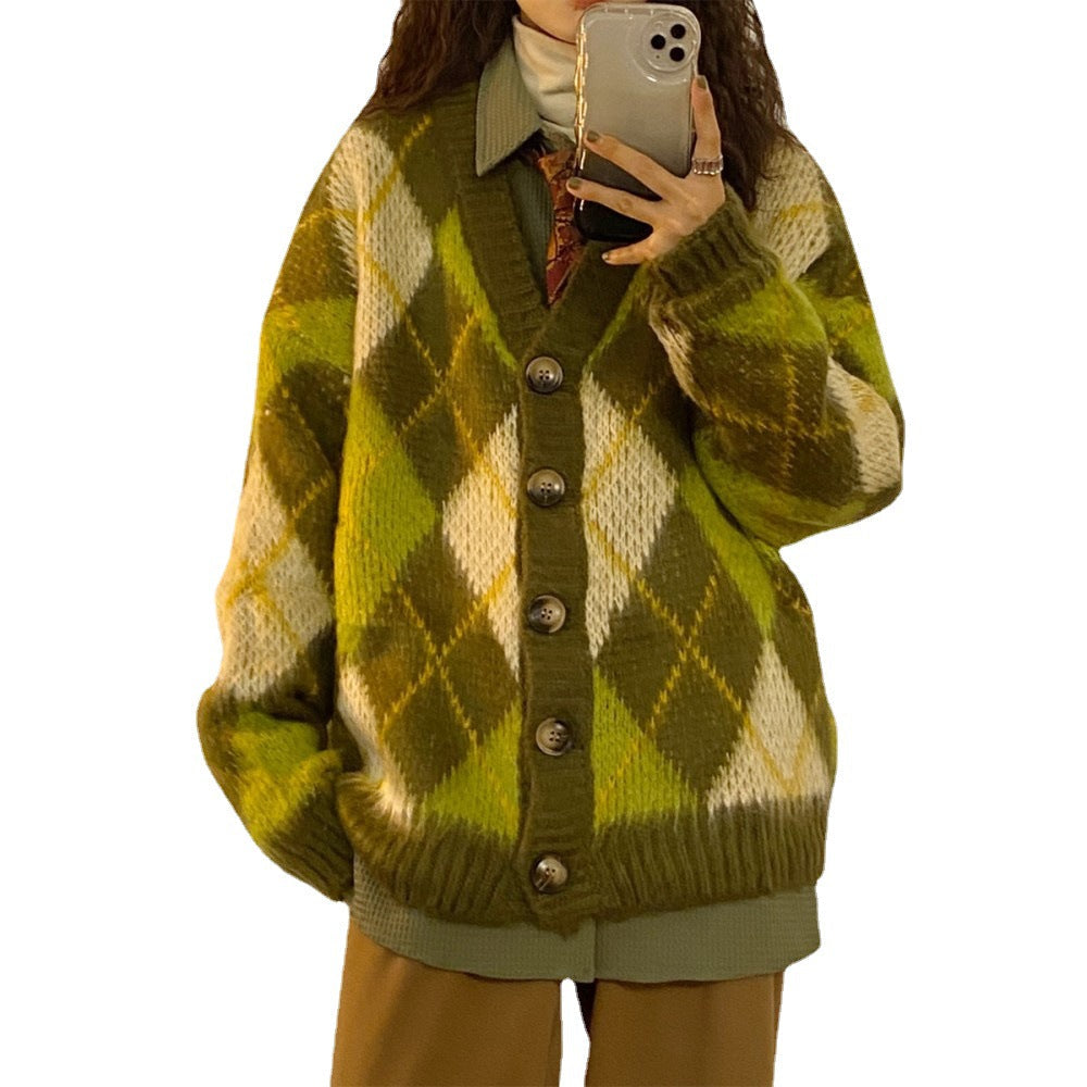 maoxiangshop-shop non binary outfits American Retro New Autumn and Winter Loose Green Rhombus Sweater Cardigan Coat Thickened Lazy Sweater for Women