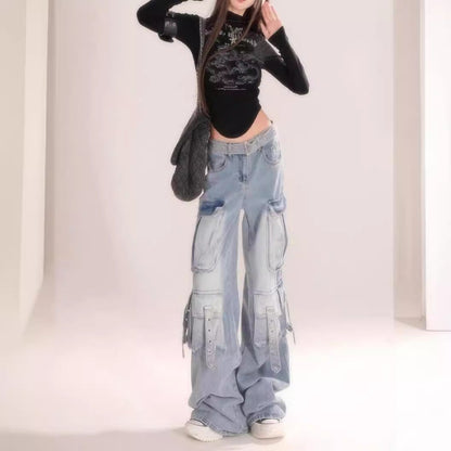 2000s fashion New Blue Pattern Cheese Hot Girl Blue Light Color Gradient Multi-Pocket Workwear Jeans Women's Trousers