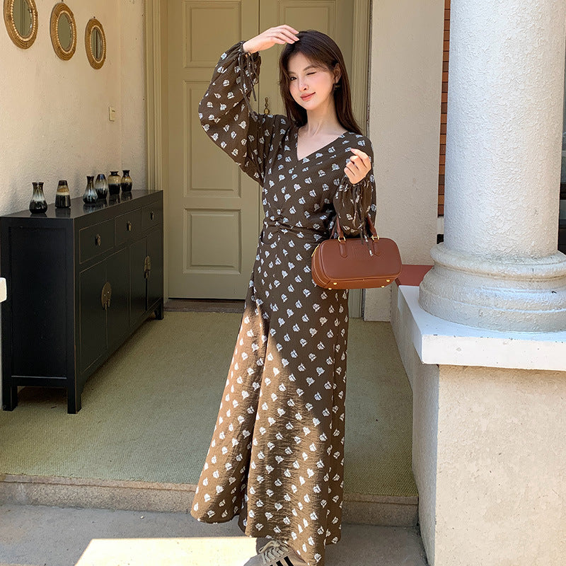 2025 popular autumn new  temperament print retro high waist long sleeve thin dress 88116