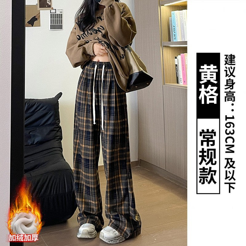 maoxiangshop-shop fall outfits aesthetic Retro Plaid Pants Women's Straight Pants Autumn and Winter New Brushed American Casual Pants High Waist Slimming Narrow Wide Leg Pants