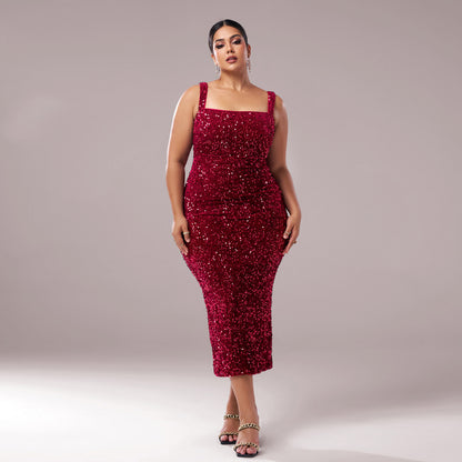 2025 Popular trade  fat mm large size women's clothing medium and long sleeveless banquet sequins fishtail evening dress dress
