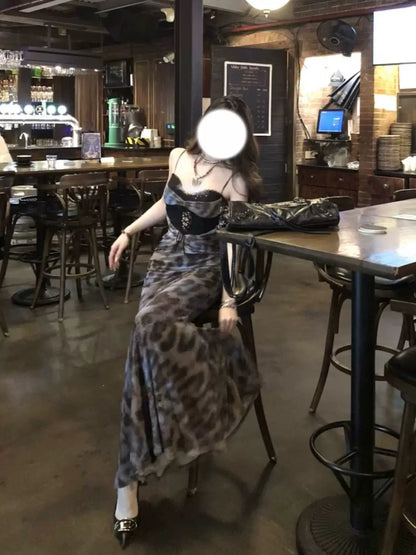 Leopard print one-word shoulder royal sister style elegant sexy spice girl lace suspender dress women's spring and autumn waist fishtail dress