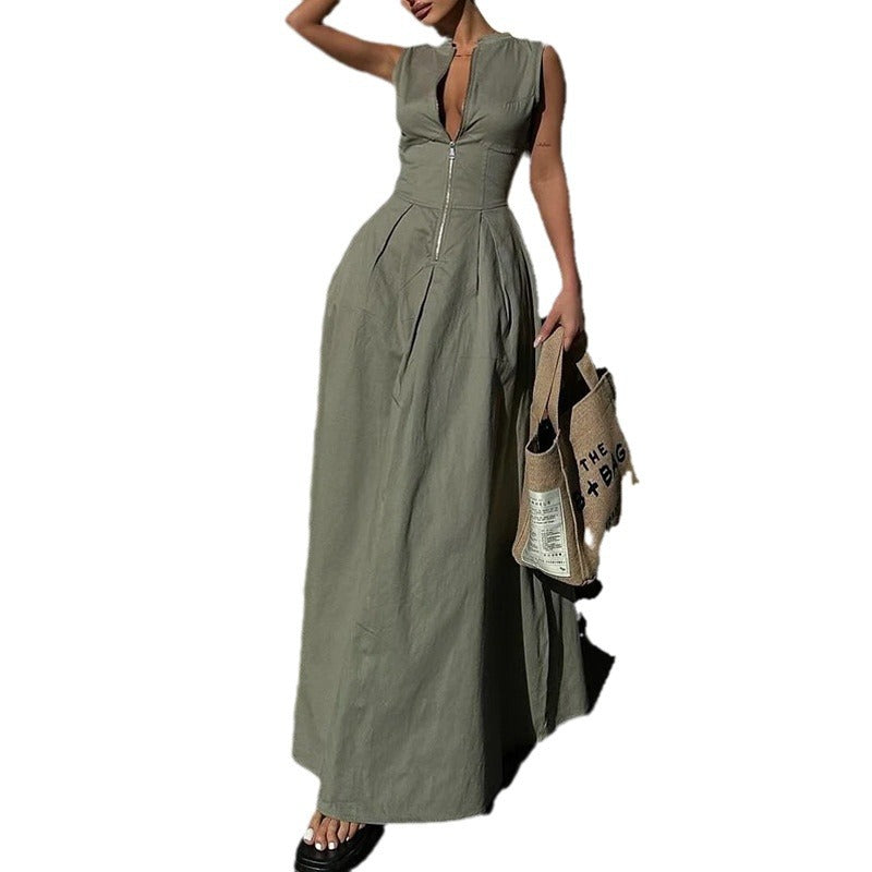 2000s fashion New Fashion Ladies Fashion Casual Sleeveless Solid Color Waist Dress