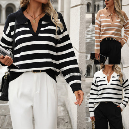 MAOXIANGSHOP New autumn and winter 2025  women's clothing new fashion splicing striped lapel loose large size knitted sweater women