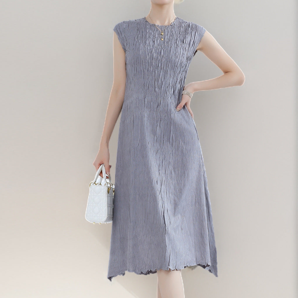 Women's new dress, high-end summer new round neck sleeveless medium and long A-shaped skirt, thin skirt