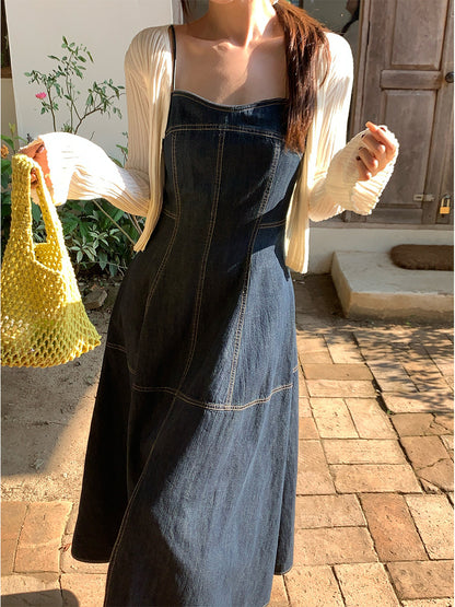 2025 spring and summer new high-waisted retro denim suspender dress high-end long dress children 88216