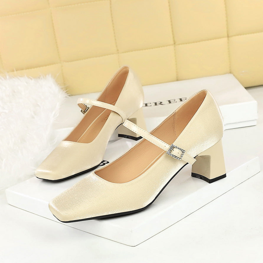 6295  small fragrant wind square head rhinestone one word with satin women's shoes thick heel medium heel light mouth comfortable and thin single shoes