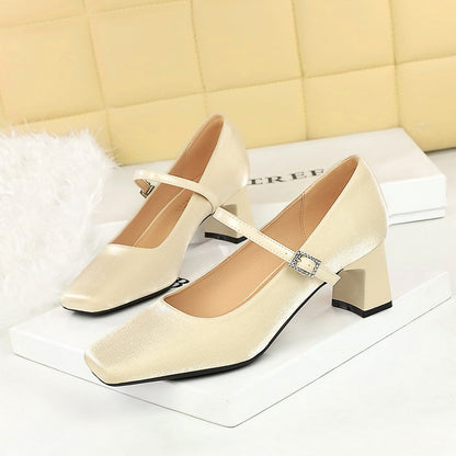6295  small fragrant wind square head rhinestone one word with satin women's shoes thick heel medium heel light mouth comfortable and thin single shoes