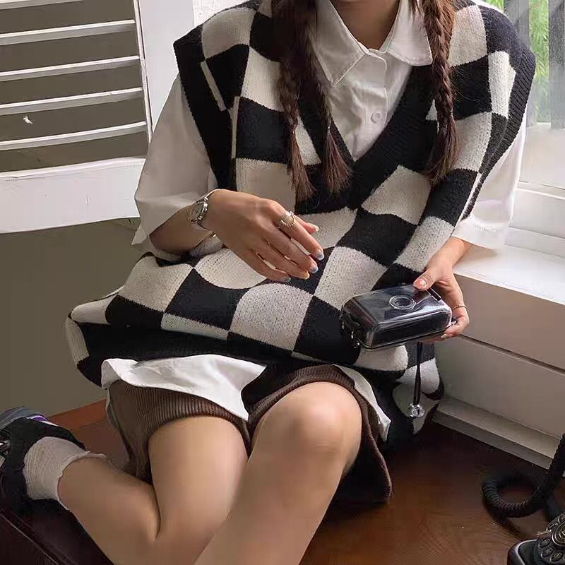 maoxiangshop-shop fall outfits black women Autumn and Winter Preppy Style All-Match Chessboard Plaid Sweater Vest Female Students Korean Style Loose Sleeveless Vest Knitted Outer Wear