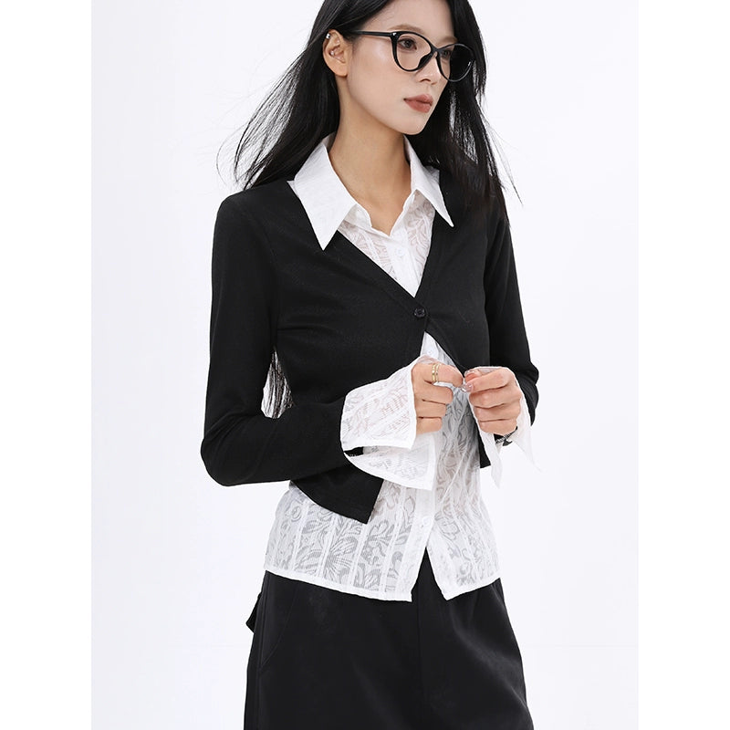 Fashion Autumn Contrast Color Splicing Fake Two-piece Shirt Long Sleeve Knitted Sweater Women's Slim Flared Sleeve Top Women's