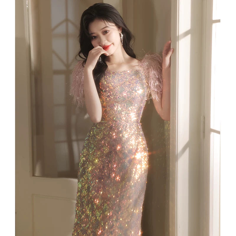 Sequined evening dress women's high-end sense high-end niche light luxury annual meeting host fishtail vocal art test bright dress