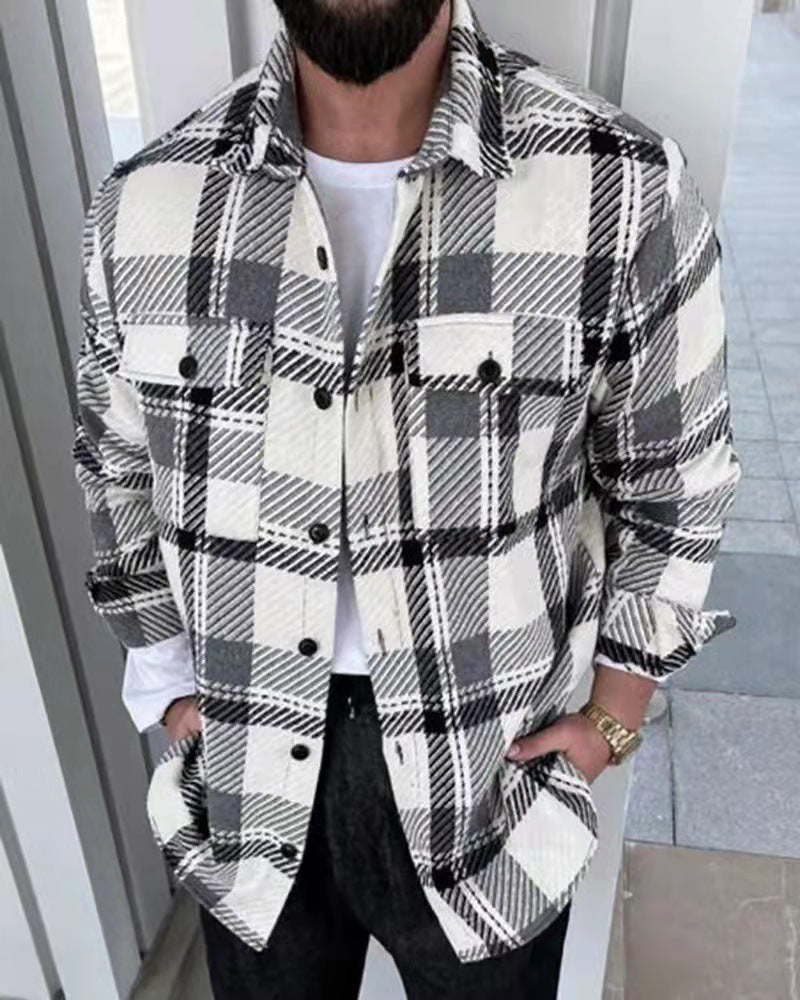 maoxiangshop Mens Sweater New Spring and Autumn New Long-Sleeved Plaid Long-Sleeved Shirt Casual Stand Collar Pocket Shirt for Men