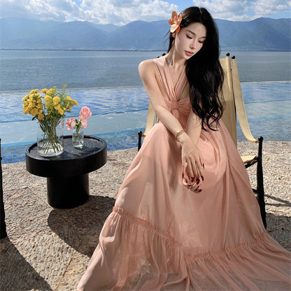 2025 temperament beautiful neck sling dress fairy summer high atmosphere seaside vacation beach dress