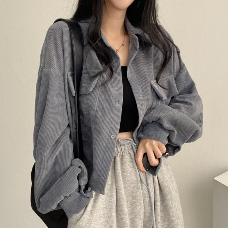 maoxiangshop-shop fall outfits aesthetic Corduroy Shirt Chic Spring French Retro All-Match Single-Breasted Lapel Long Sleeve Coat for Women