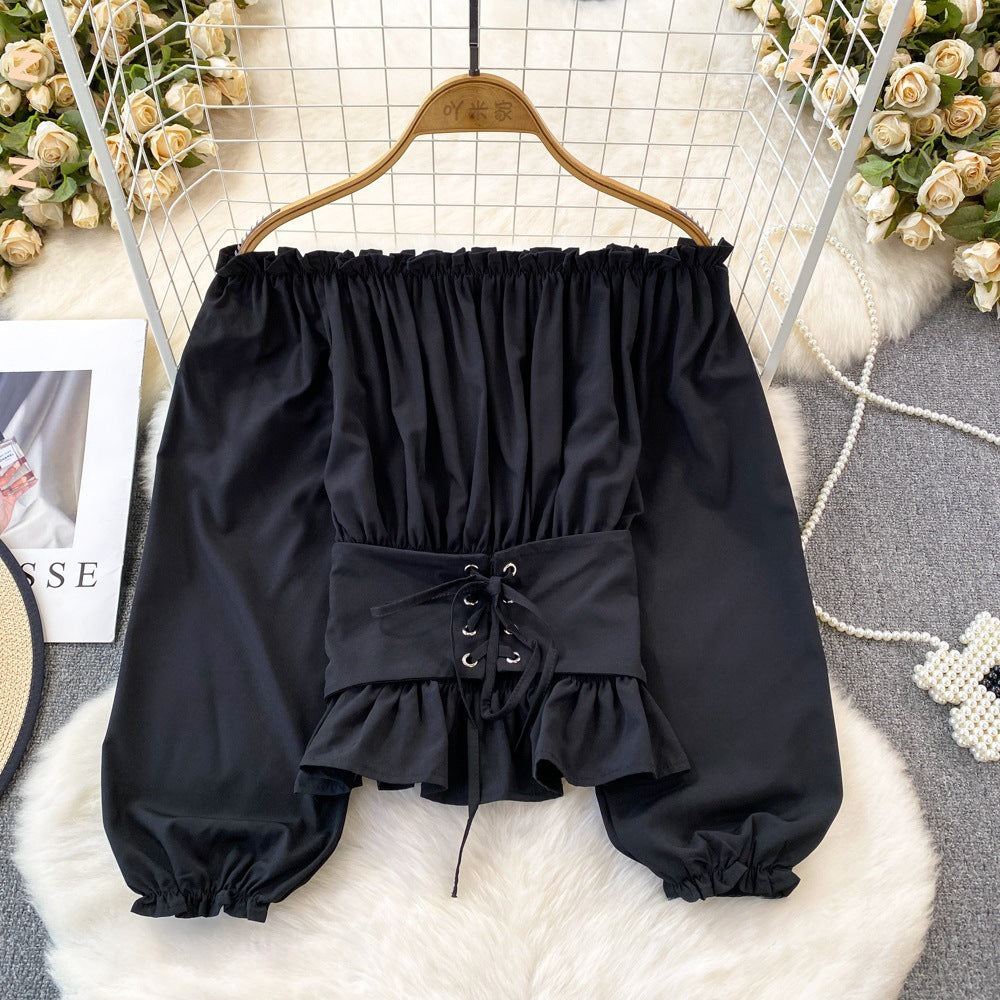 maoxiangshop grunge outfits Spring and Autumn Korean Style Hooded off-Shoulder off-Shoulder Waist Slimming Waist-Sealing Pullover Shirt Women's Western Style Short Top