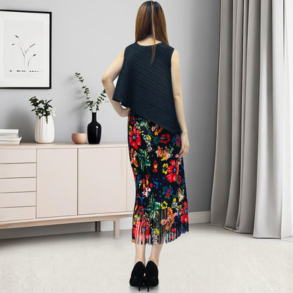 Fashion light luxury women's clothing summer black printing retro fringed hip skirt sleeveless T-shirt two-piece set