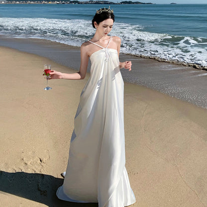 2025 satin tube top neck dress high-end morning robe toast dress temperament loose floor dress long dress