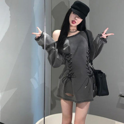 maoxiangshop grunge dti T-shirt Women's Long-Sleeved Early Autumn Korean Style off-Shoulder Lace-up Mid-Length Solid Color Waist Tight Top Fashion