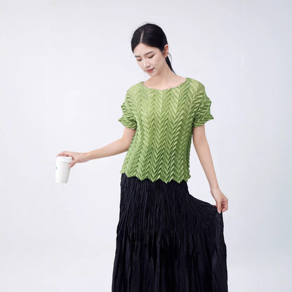 A short-sleeved women's T-shirt 2025 new summer design sense hand-pleated rest versatile pleated top