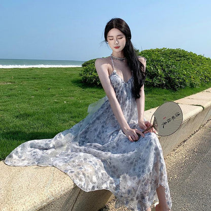 2025 pure desire big halter neck holiday dress women's summer high-end neck print suspender chiffon dress