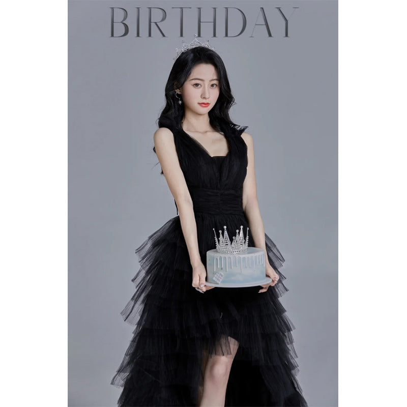 2025Evening dress  new black front short rear long trailing wedding dress annual meeting stage performance catwalk host