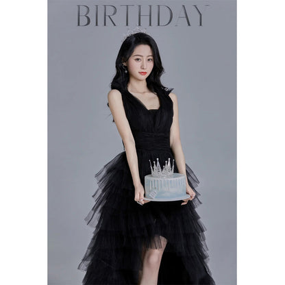 2025Evening dress  new black front short rear long trailing wedding dress annual meeting stage performance catwalk host