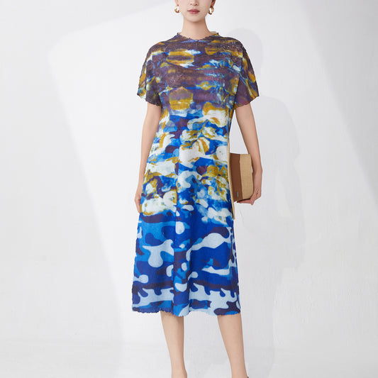 dress women's 2025 new summer loose large size meat cover printing short sleeve temperament casual medium and long skirt