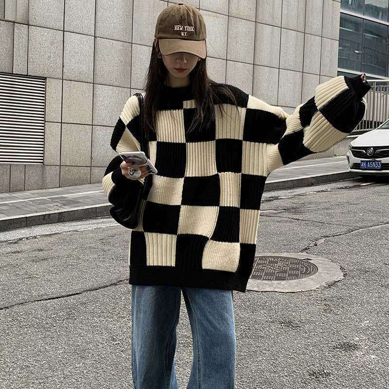 maoxiangshop-shop fall outfits aesthetic Chessboard Plaid Sweater for Women 2024 Autumn and Winter New Design Sense Niche Top Retro Japanese Style Lazy Style Sweater