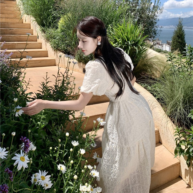 2025 retro crochet design round neck bubble short sleeve temperament elegant medium and long dress gentle first love dress