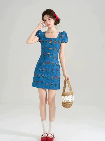 New Chinese style square neck short-sleeved floral dress women's clothing  summer new unique and beautiful a-word skirt