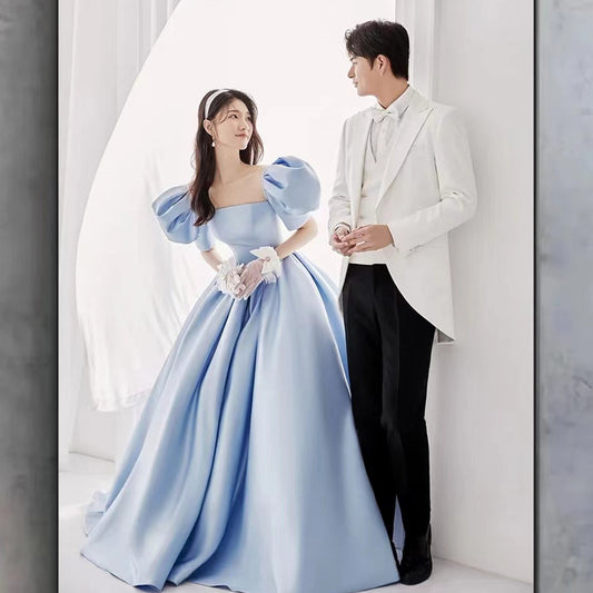 2025Indoor and outdoor long tail new full body studio main picture photography dress couple dress Korean version blue short-sleeved lawn