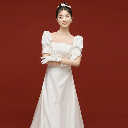 2025 Satin light wedding dress Mori bride going out yarn temperament thin light yarn small trailing white dress welcome yarn wholesale
